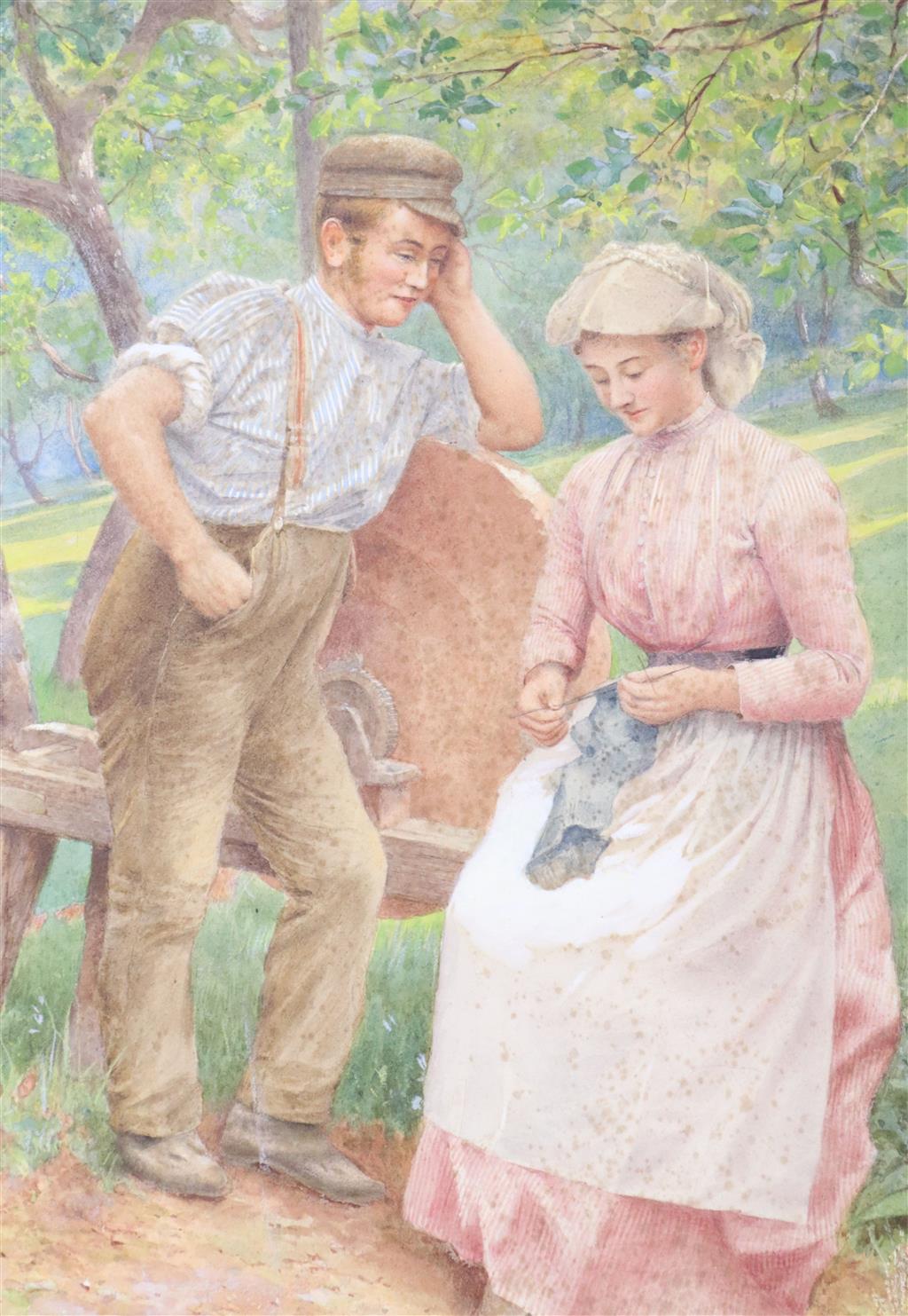 Attributed to Charles Sillen Lidderdale, watercolour, Courting couple in an orchard, monogrammed and dated 98, 34 x 24cm
